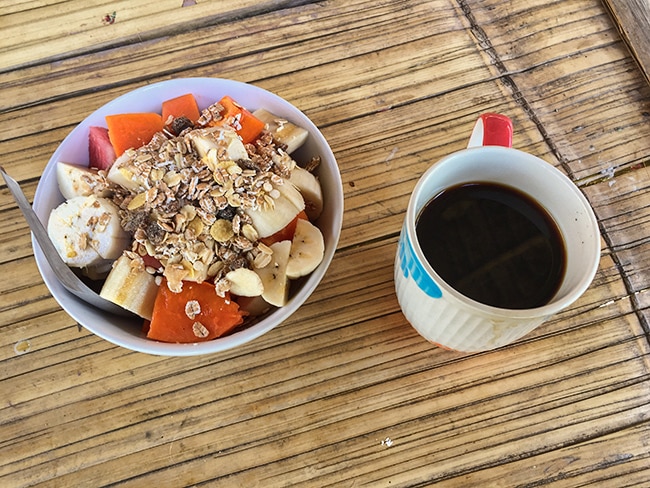 Breakfast at Twin Hut - Fruits with Müsli sprinkle and black organic Hill Tribe Coffee
