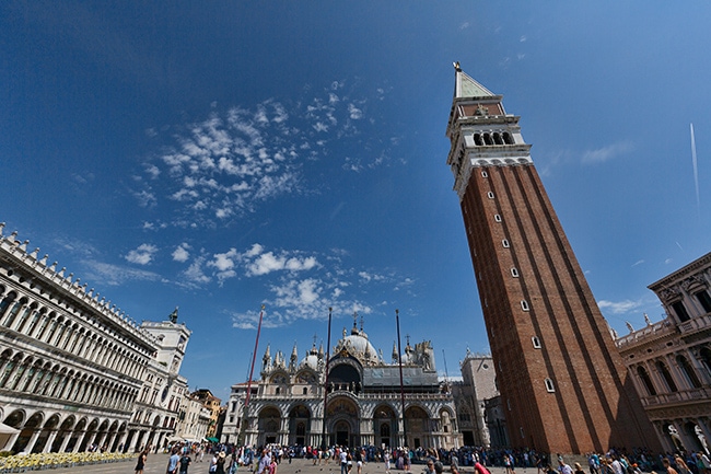 Piazza San Marco with the Campanile of St Mark's church on the right, Basilika in the middle and the Clocktower on the left