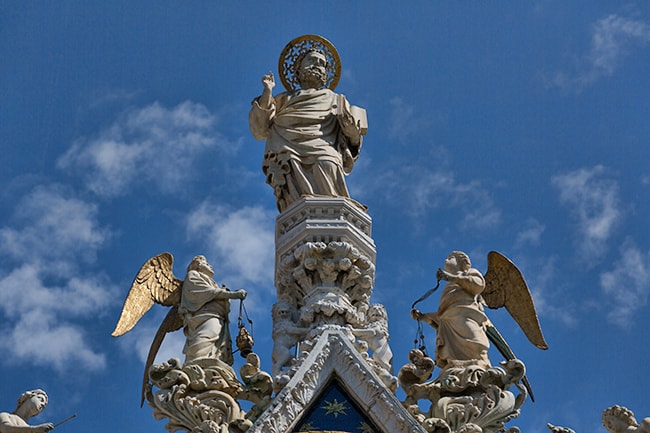 Detail of the gable showing Venice's patron apostle St. Mark with angels