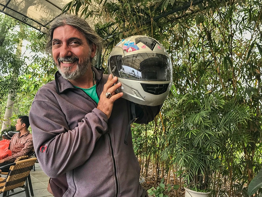 A very happy Mitzos with his old helmet